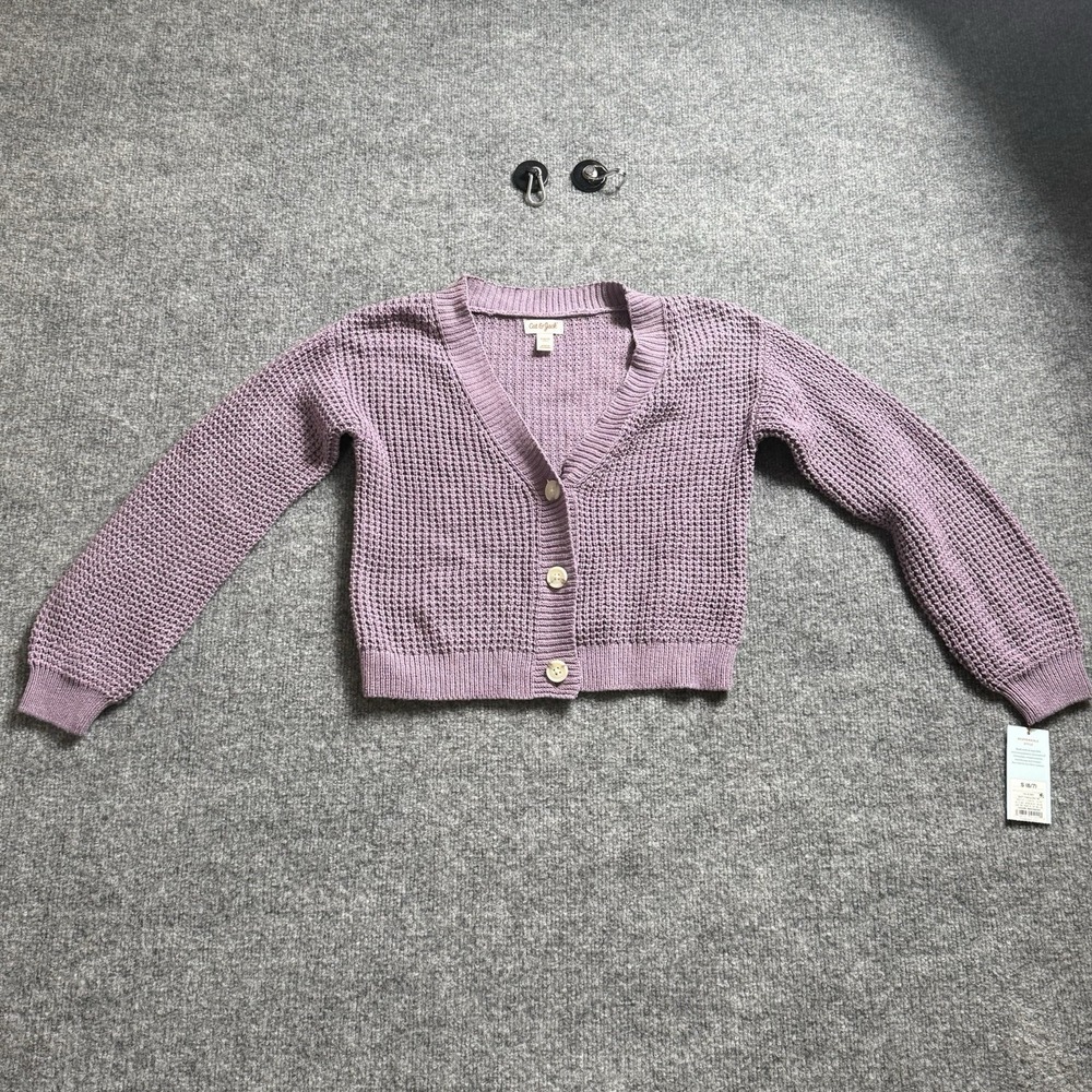Cat & Jack Girls Waffle Knit Cardigan Sweater Lavender Purple Button Up